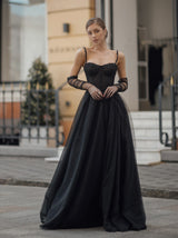 Rhinestone trim bustier evening dress in black