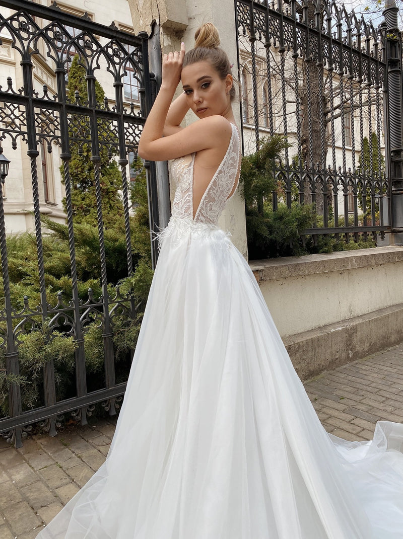 knee length dresses for ladies Botanical Lace Spaghetti Straps Wedding Dress with Shaped Train AWD1694