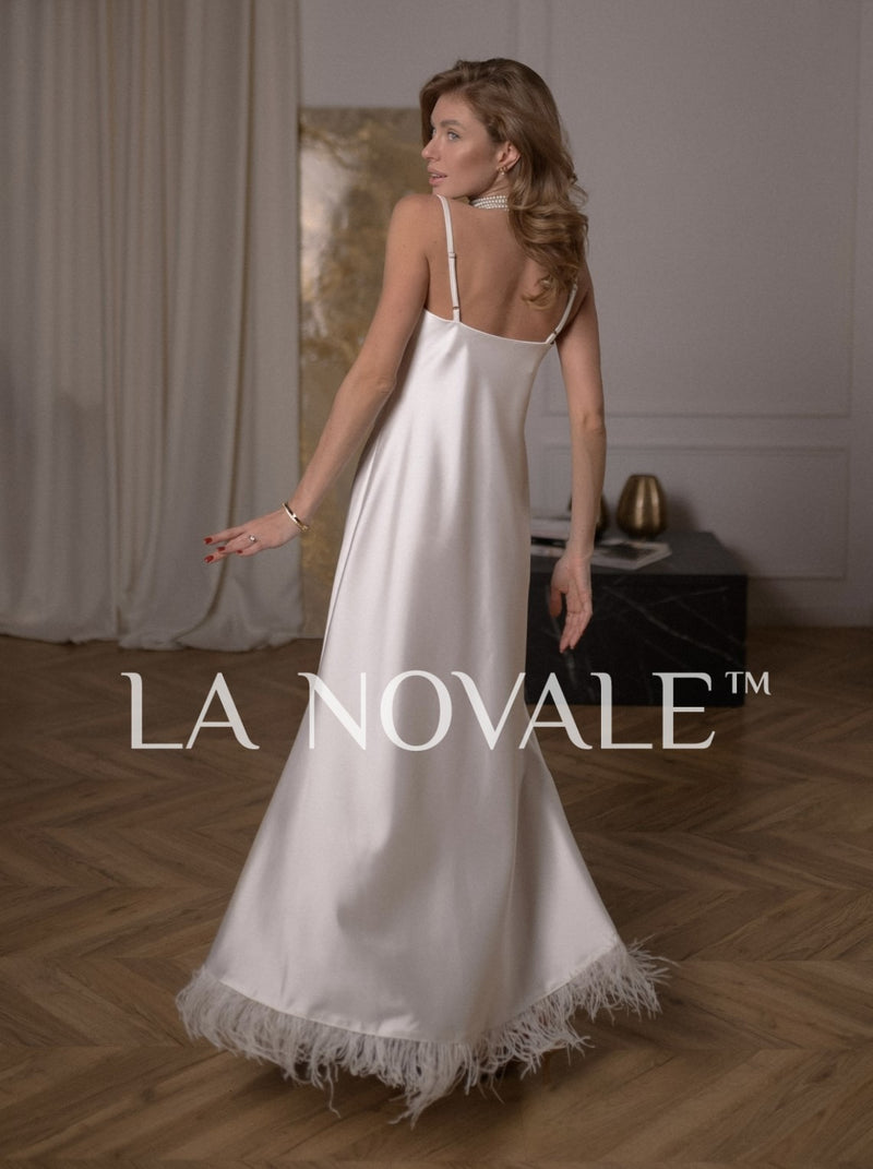 Feather Trim Slip Dress for Elopement Wedding La Novale Atelier Feather Trim Slip Dress for Elopement Wedding La Novale Atelier
