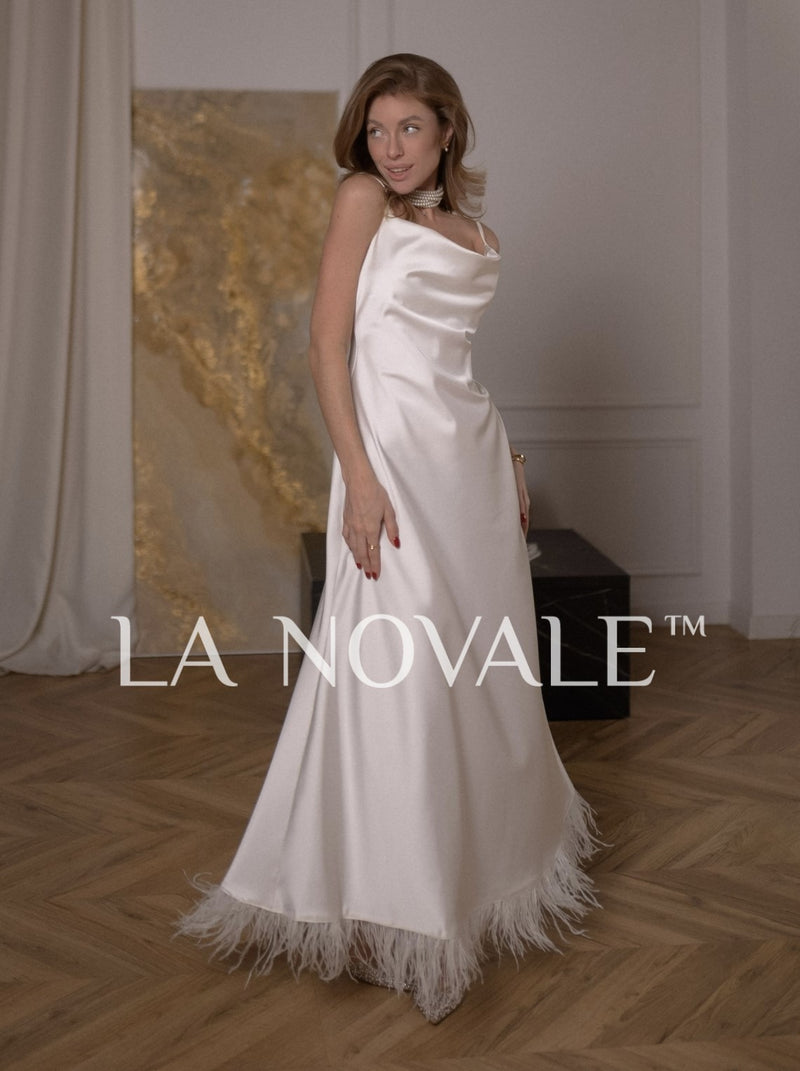 Feather Trim Slip Dress for Elopement Wedding – La Novale Atelier Feather Trim Slip Dress for Elopement Wedding – La Novale Atelier