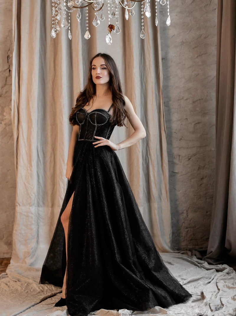 Black sparkle corset evening dress with rhinestone trim La Novale Atelier Black sparkle corset evening dress with rhinestone trim La Novale Atelier
