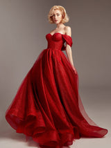 Sparkle Off shoulder corset evening dress in red