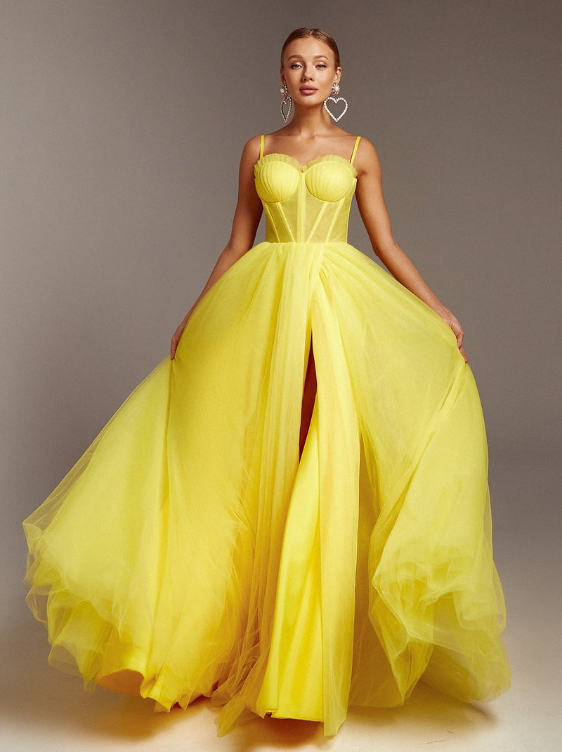 Canary yellow tulle prom dress with slit