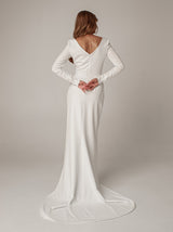 Long sleeve ruched column wedding dress