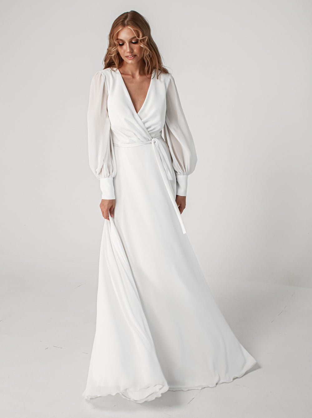 Bishop sleeve wrap wedding dress in chiffon  La Novale Atelier