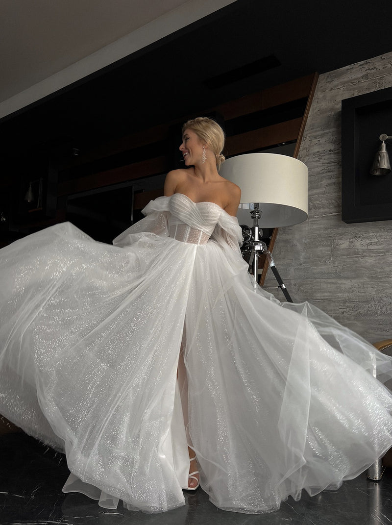 Sparkle wedding dress with pull on puff sleeves Sparkle wedding dress with pull on puff sleeves