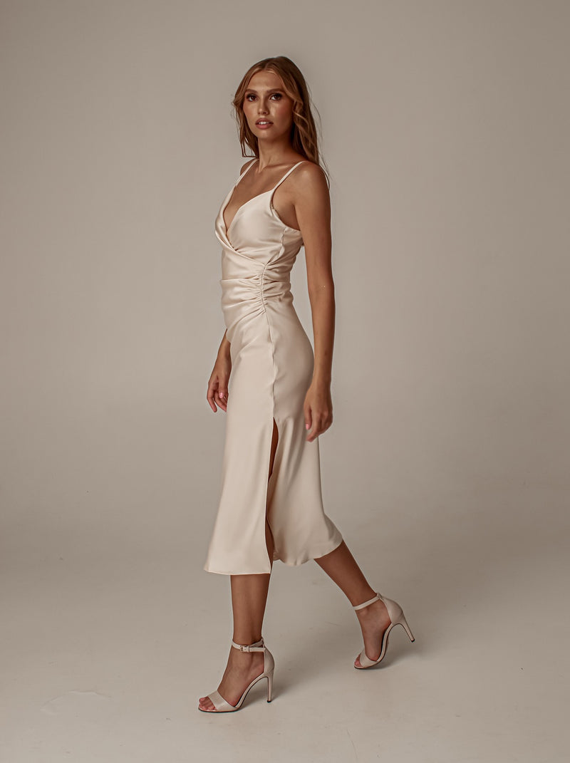 champagne midi dress bridesmaid KissProm