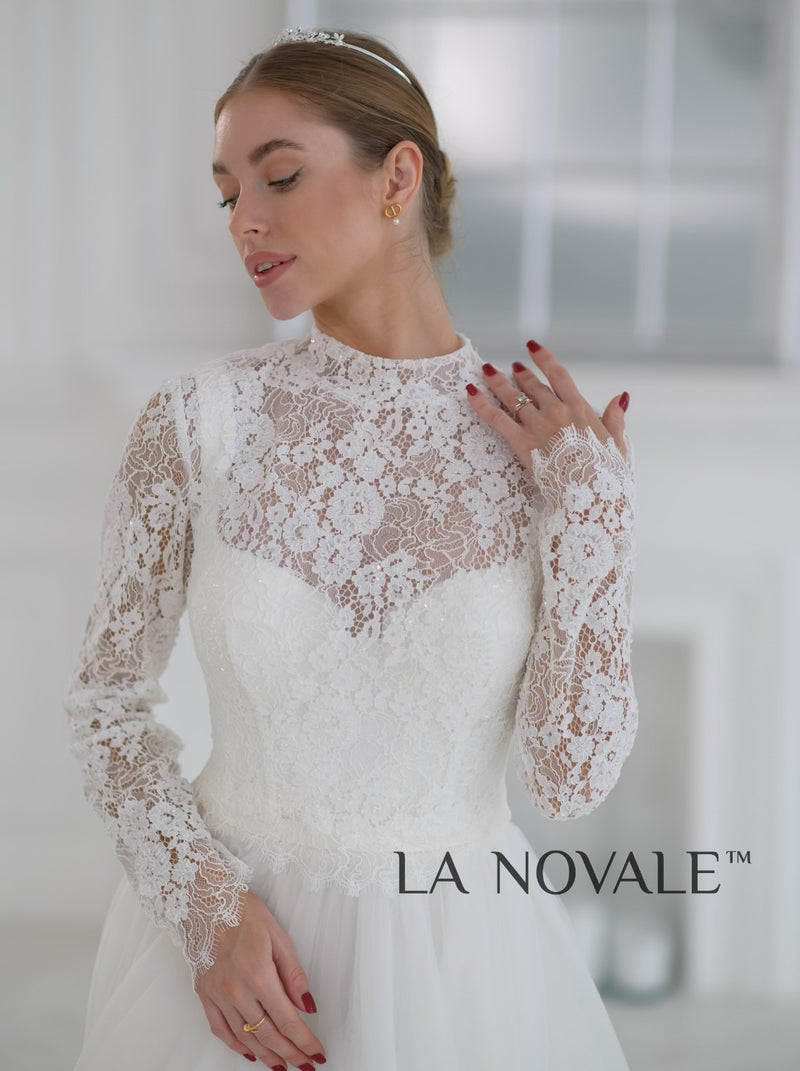 Modest two piece wedding dress with full sleeve chantilly lace top