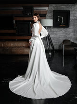 Choker neck A-line bridal gown with full puff sleeves