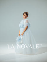 light blue modest flower girl dress with French lace capelet