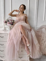 Tie shoulder tulle evening dress with pleated corset