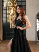 Black sparkle corset evening dress with rhinestone trim