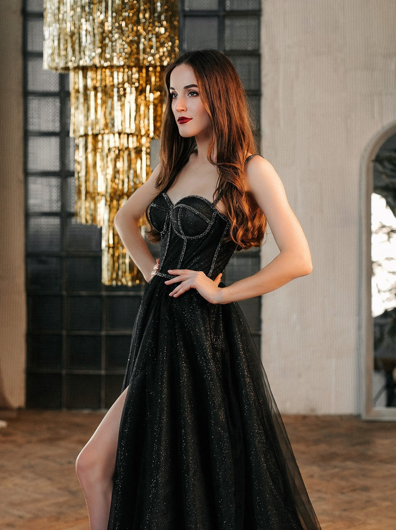 Black sparkle corset evening dress with rhinestone trim La Novale Atelier Black sparkle corset evening dress with rhinestone trim La Novale Atelier