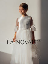 French lace bohemian flower girl dress with matching tote bag