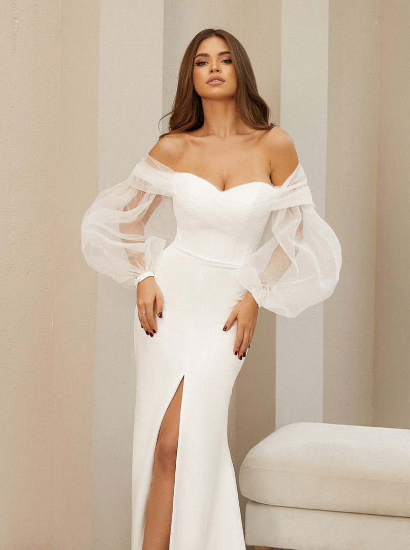 fit and flare wedding dress with pull-on sleeves