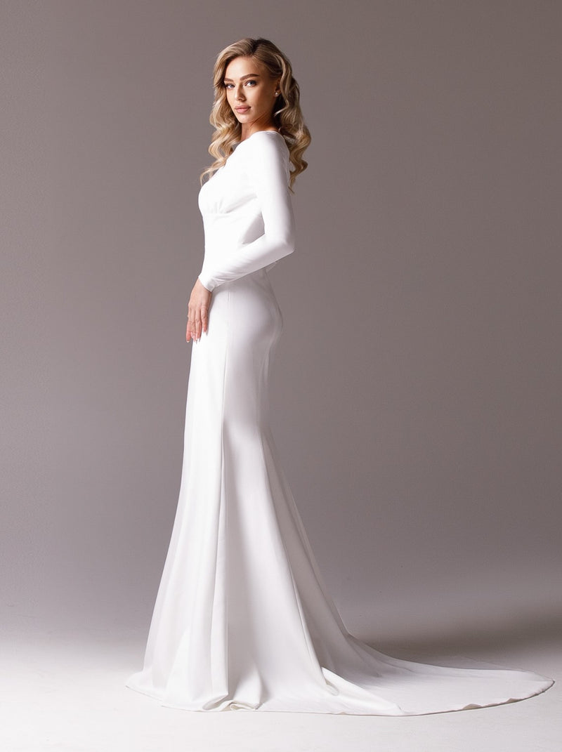 minimalist fit and flare wedding dress with long sleeve La Novale Atelier minimalist fit and flare wedding dress with long sleeve La Novale Atelier