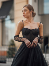 Rhinestone trim bustier evening dress in black