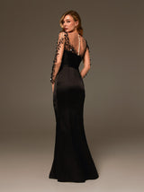Asymmetric Neck Long Sleeve Evening Gown in Black