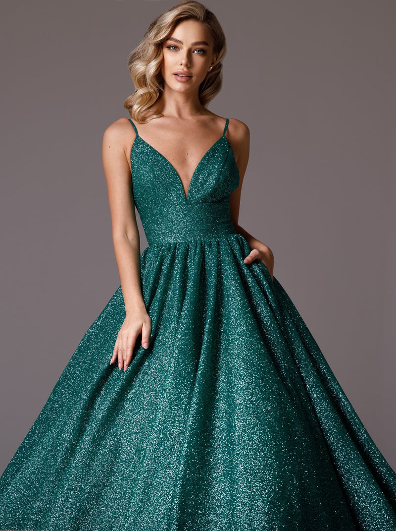 Emerald glitter prom ball gown dress with pockets