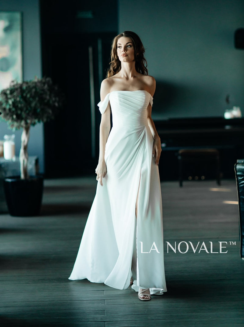 Delicate off-the-shoulder chiffon wedding dress – La Novale Atelier Delicate off-the-shoulder chiffon wedding dress – La Novale Atelier