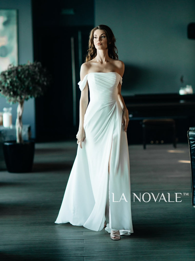 Delicate off-the-shoulder chiffon wedding dress