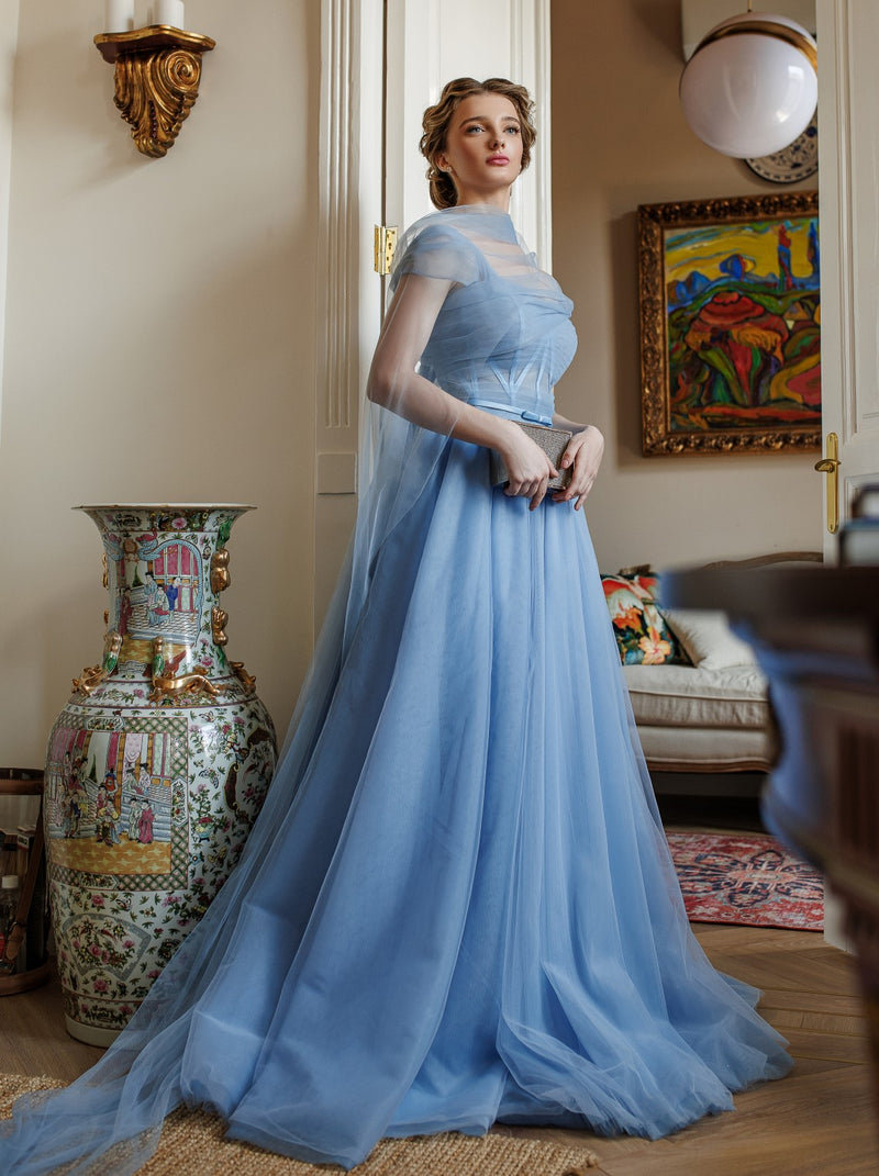 Tie shoulder tulle evening dress with pleated corset La Novale Atelier Tie shoulder tulle evening dress with pleated corset La Novale Atelier