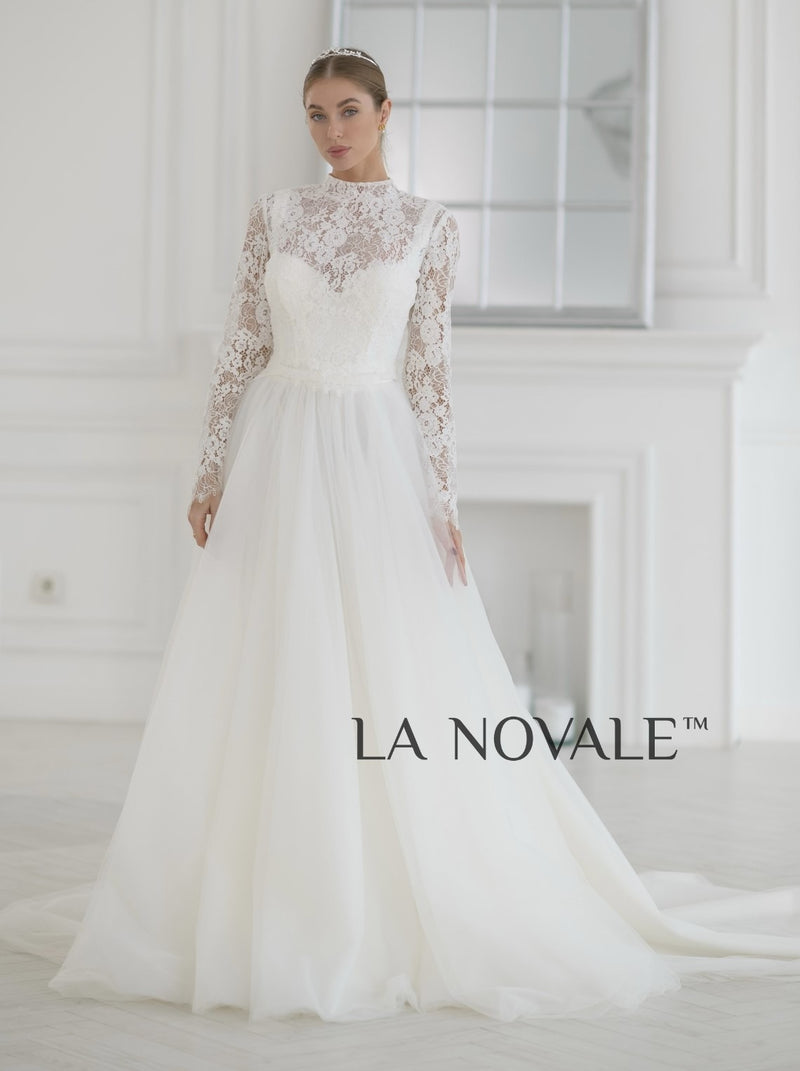 Modest two piece wedding dress with full sleeve chantilly lace top