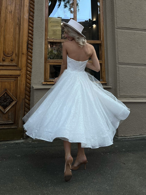 1950s inspired tea length sparkle wedding dress