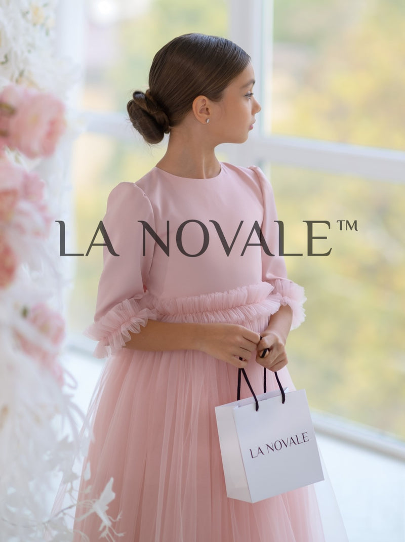 Modest junior bridesmaid dress with elbow sleeves La Novale Atelier Modest junior bridesmaid dress with elbow sleeves La Novale Atelier