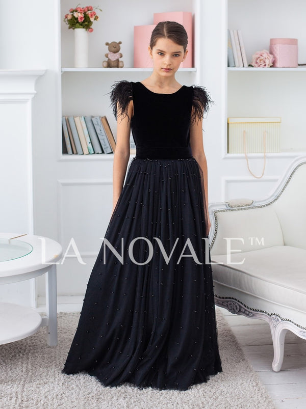 Black velvet girls occasion dress with ostirch feather