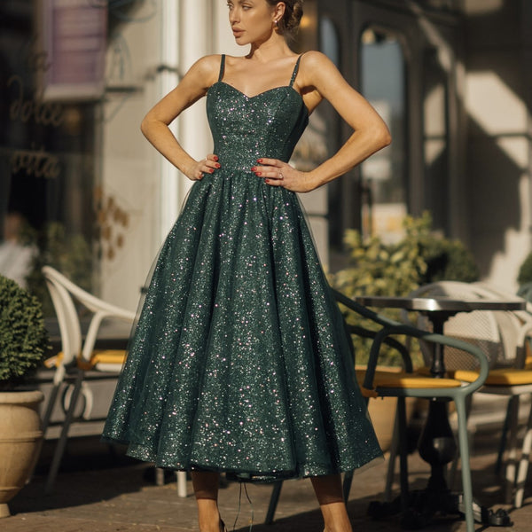 1950s inspired sparkle swing dress in emerald green – La Novale Atelier