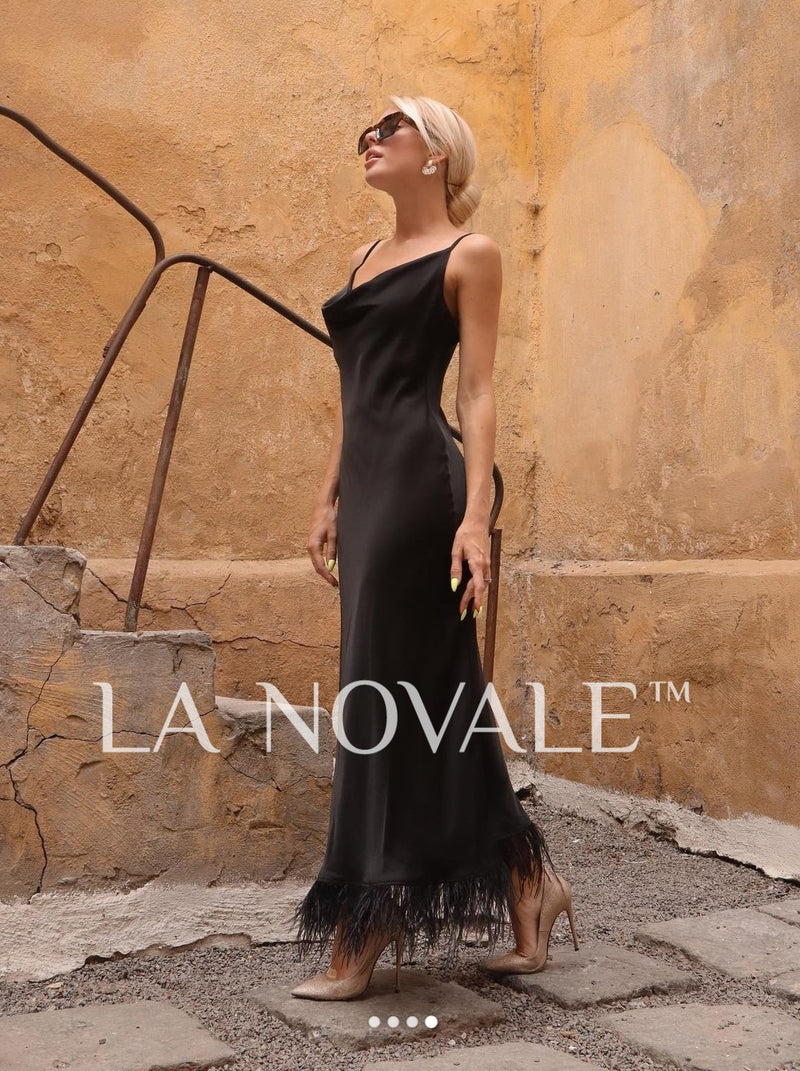 Feather Trim Slip Dress for Elopement Wedding La Novale Atelier Feather Trim Slip Dress for Elopement Wedding La Novale Atelier