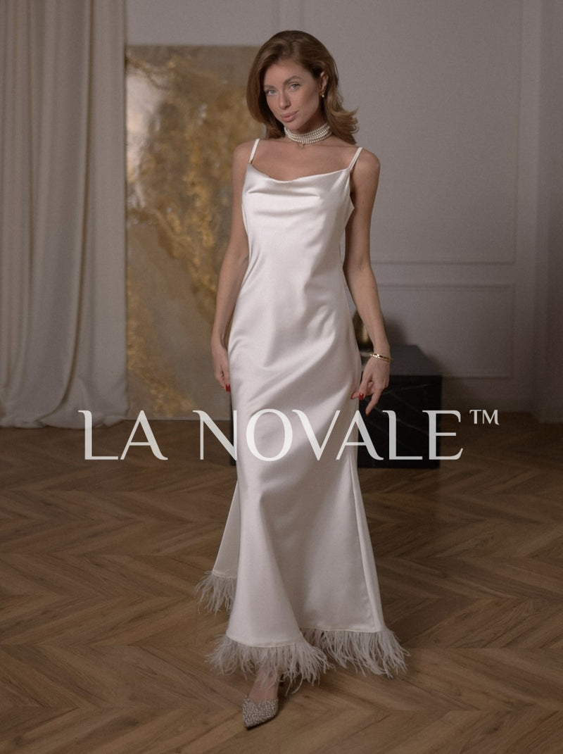 Feather Trim Slip Dress for Elopement Wedding La Novale Atelier Feather Trim Slip Dress for Elopement Wedding La Novale Atelier