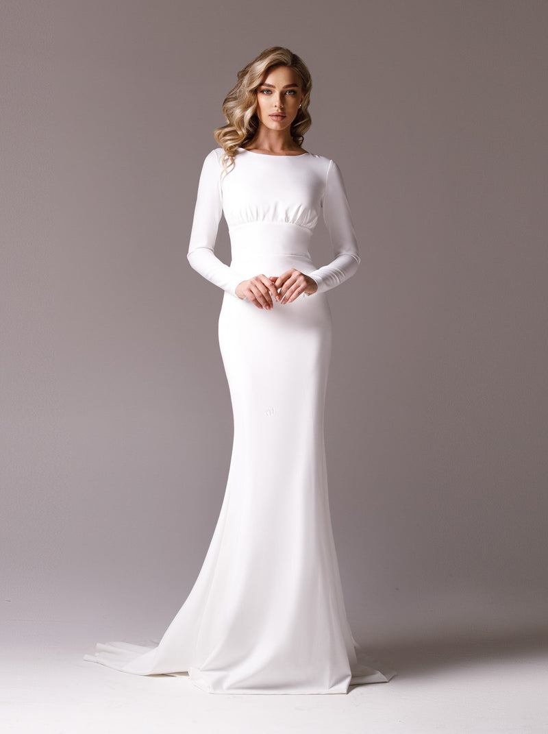 minimalist fit and flare wedding dress with long sleeve