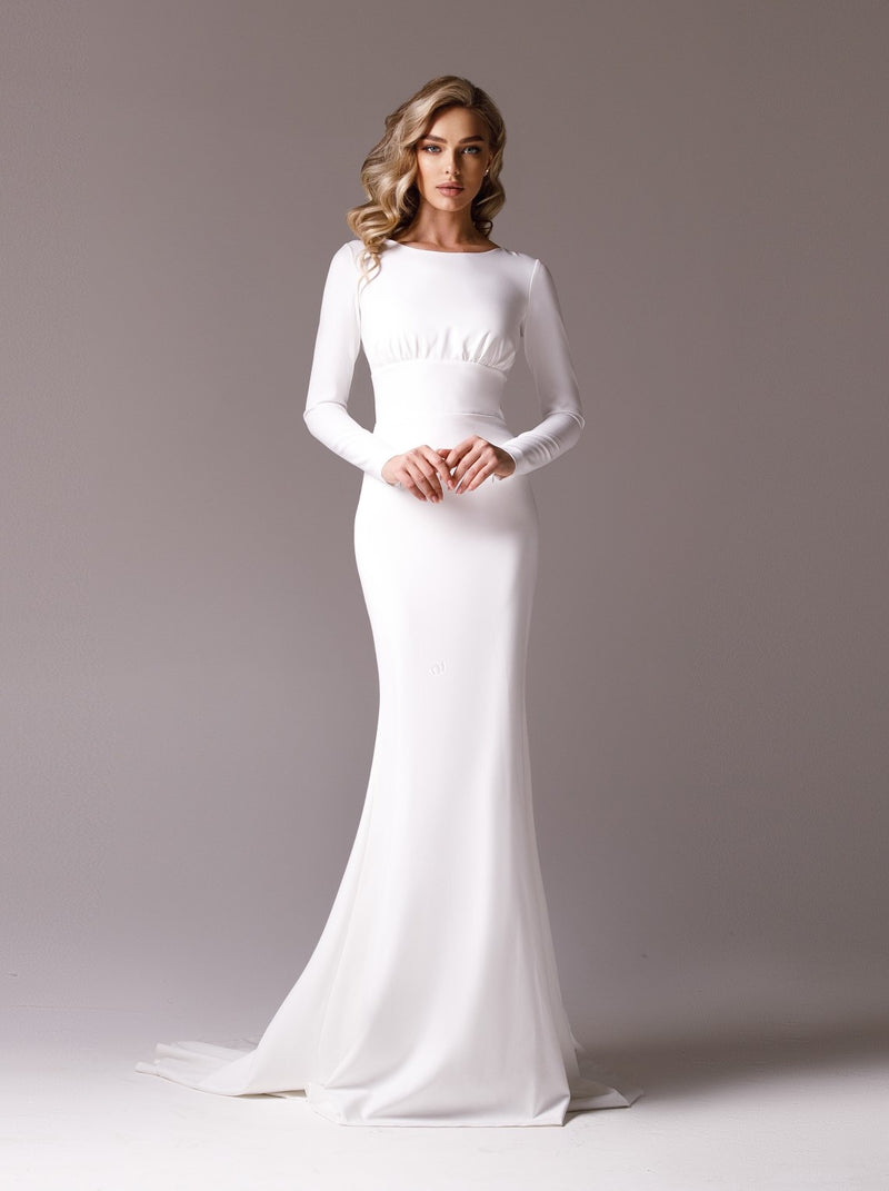 minimalist fit and flare wedding dress with long sleeve La Novale Atelier minimalist fit and flare wedding dress with long sleeve La Novale Atelier