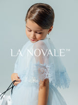 light blue modest flower girl dress with French lace capelet