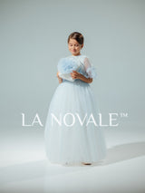 light blue modest flower girl dress with French lace capelet