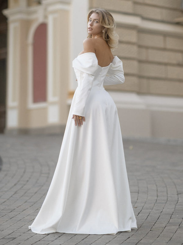 Off shoulder long sleeve satin wedding dress