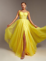 Canary yellow tulle prom dress with slit