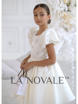 rhinestone-decorated satin flower girl dress