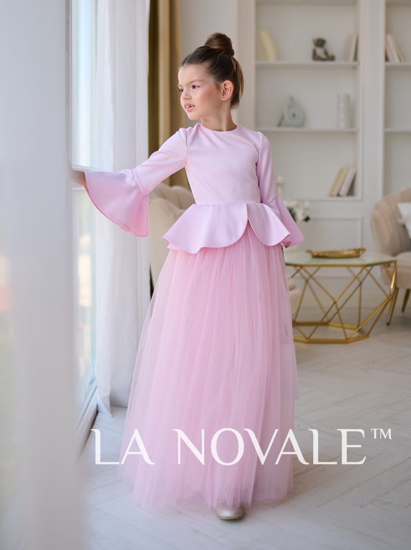 Graceful 3/4 sleeve pale pink formal dress for girls with peplum skirt