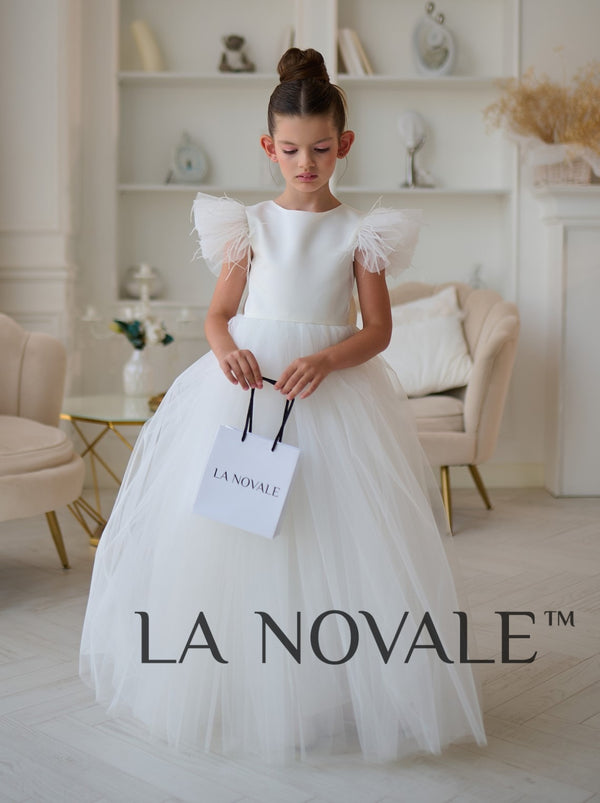 modern classic ivory flower girl dress with flutter sleeves
