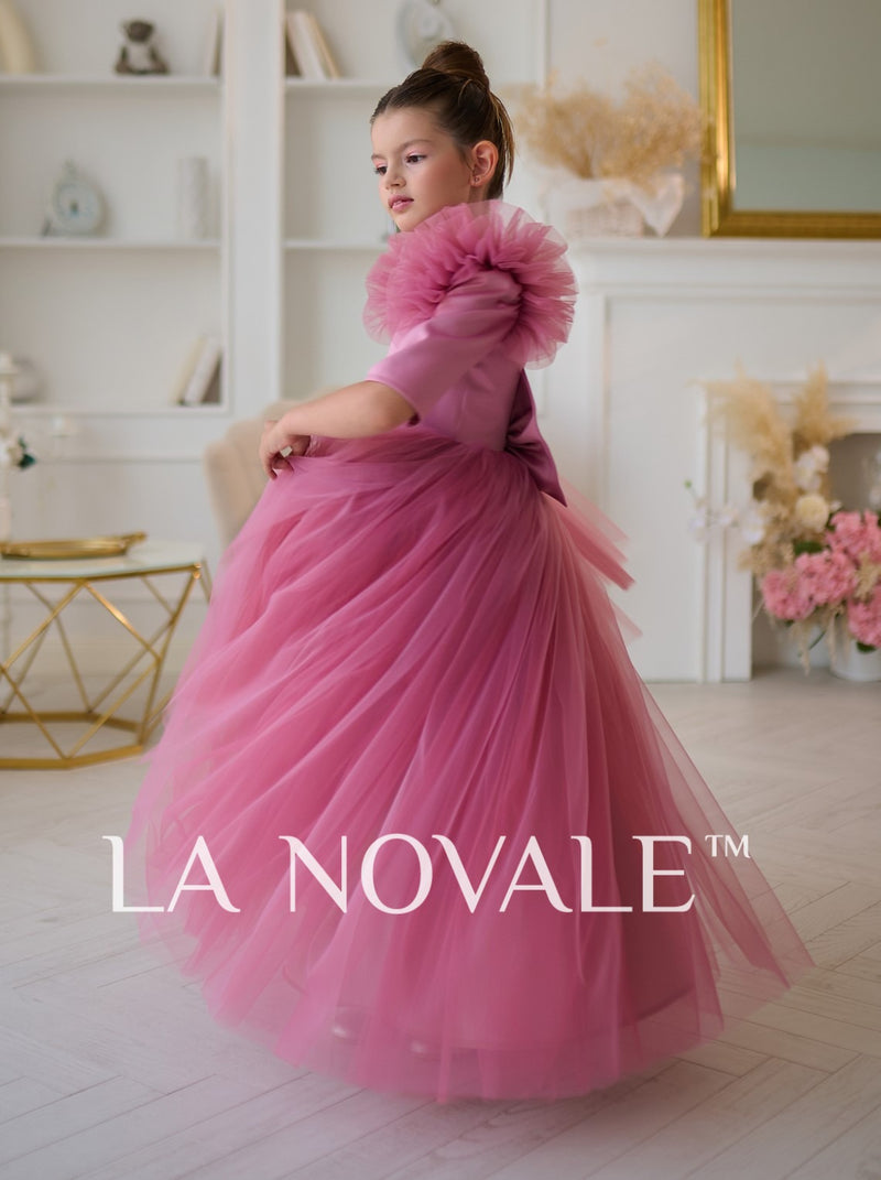full length Mauve flower girl dress with half sleeve