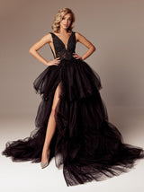 Tiered skirt illusion evening gown in black