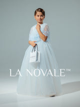 light blue modest flower girl dress with French lace capelet