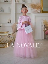 Graceful 3/4 sleeve pale pink formal dress for girls with peplum skirt