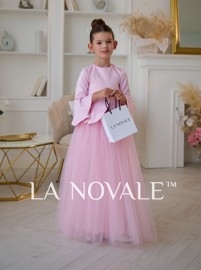 Graceful 3/4 sleeve pale pink formal dress for girls with peplum skirt