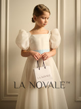Organza flower girl dress with puff sleeves