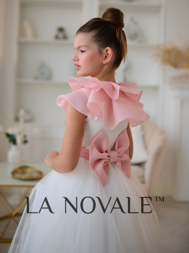 Graceful ivory junior bridesmaid dress with organza pelerine