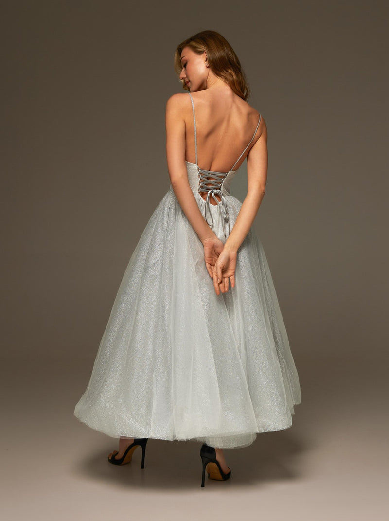 Ballerina Length Lace Up Evening Dress with Waist Panel La Novale Atelier Ballerina Length Lace Up Evening Dress with Waist Panel La Novale Atelier